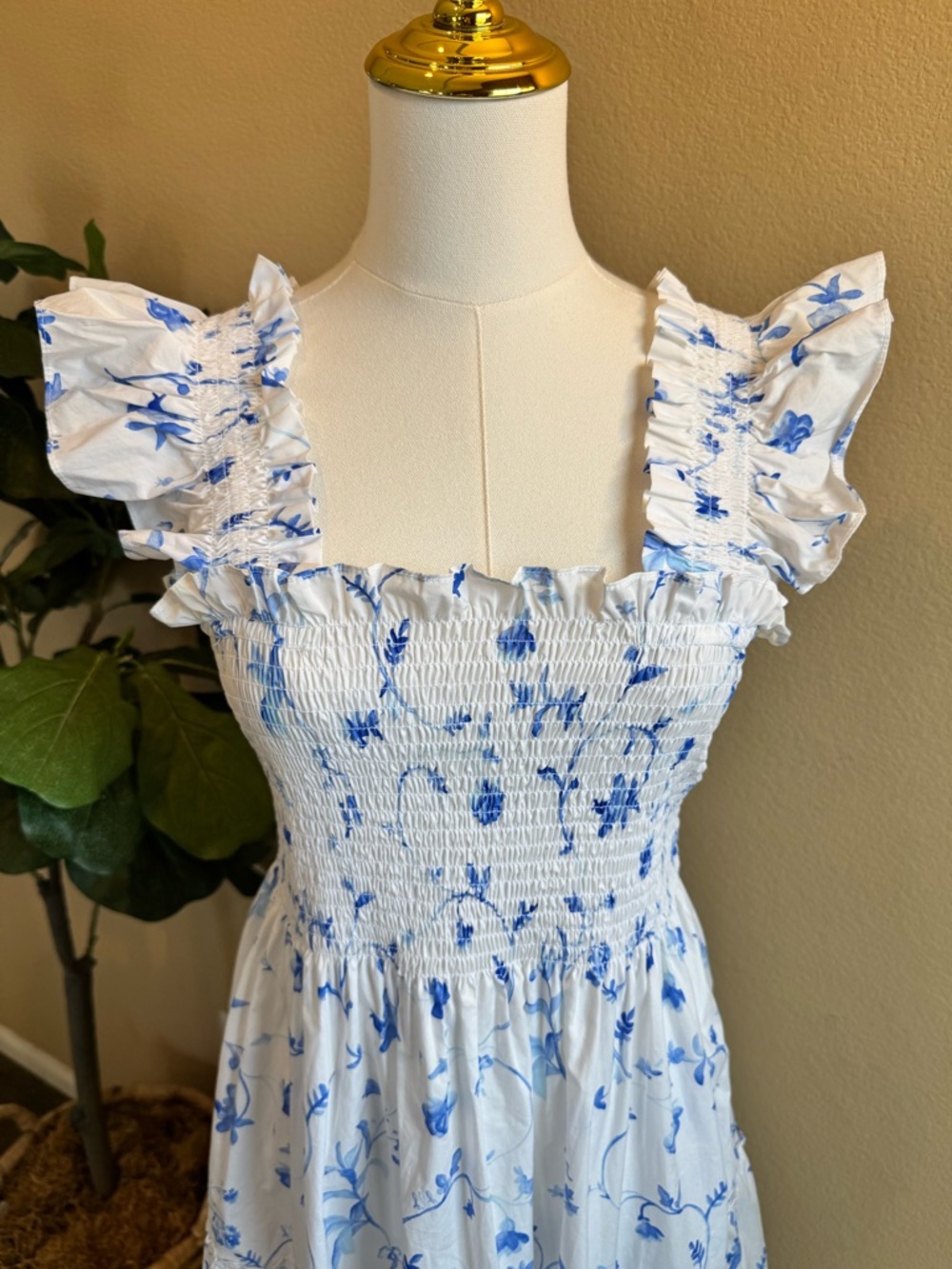 Hill House The Ellie Nap Dress Women’s L Blue Botanical Floral Midi Smocked - Picture 4 of 12